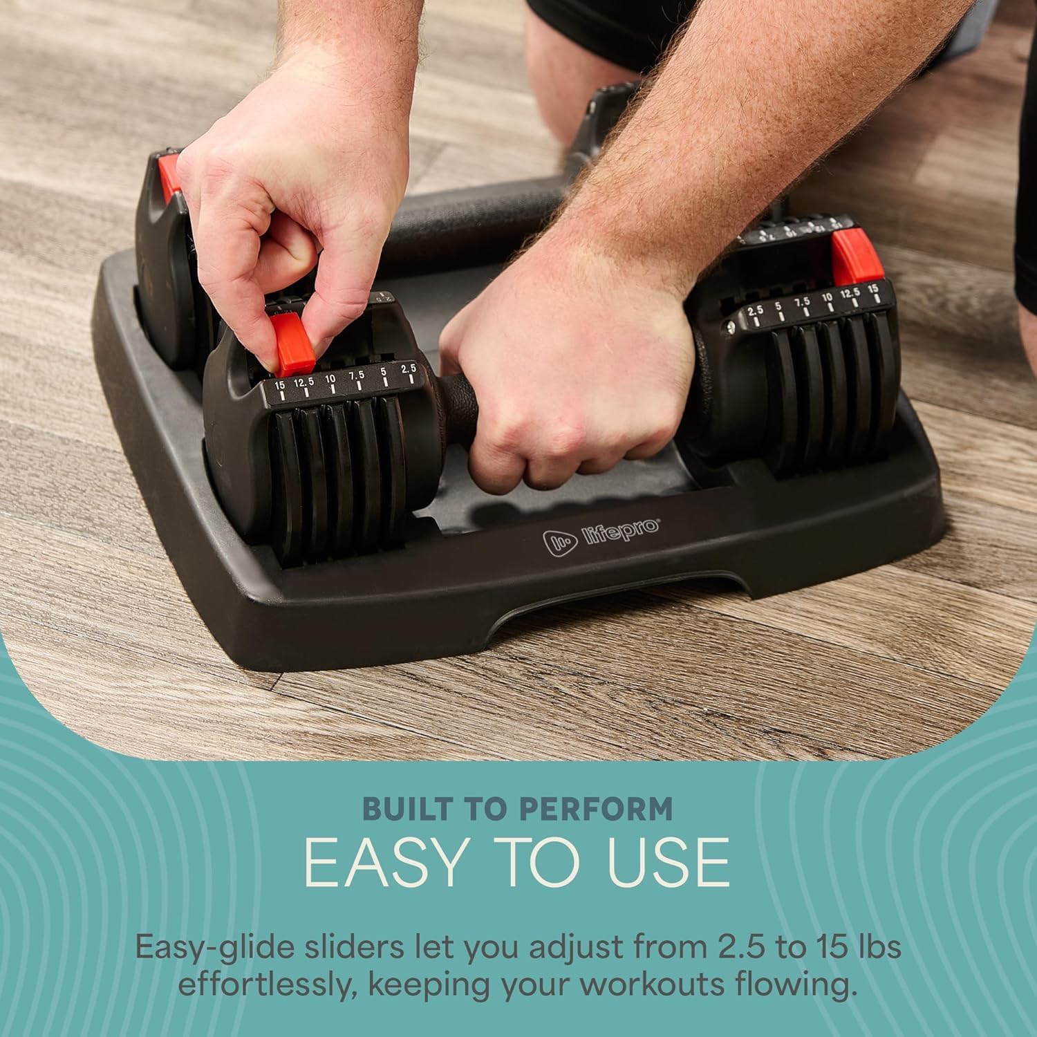 Person using adjustable dumbbell sliders on a wooden floor with text about product features.