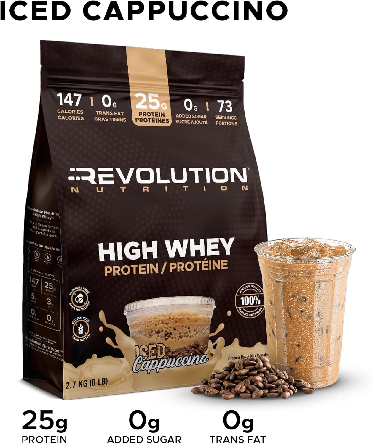 Revolution Nutrition High Whey Protein package with iced cappuccino and coffee beans on a white background