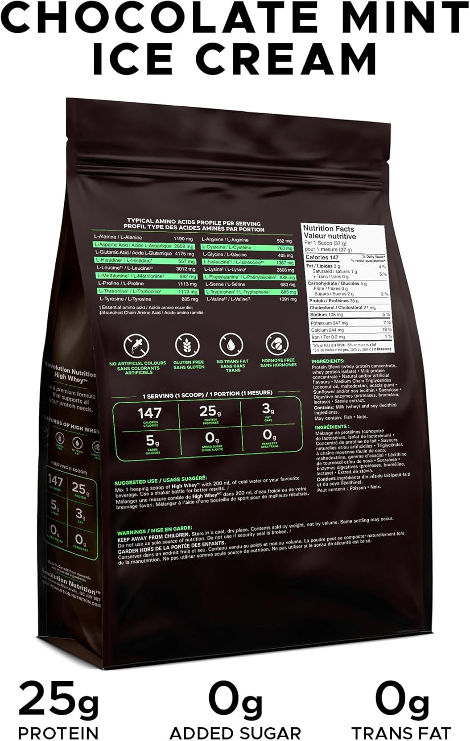 Chocolate mint ice cream package with nutritional information on a white background
