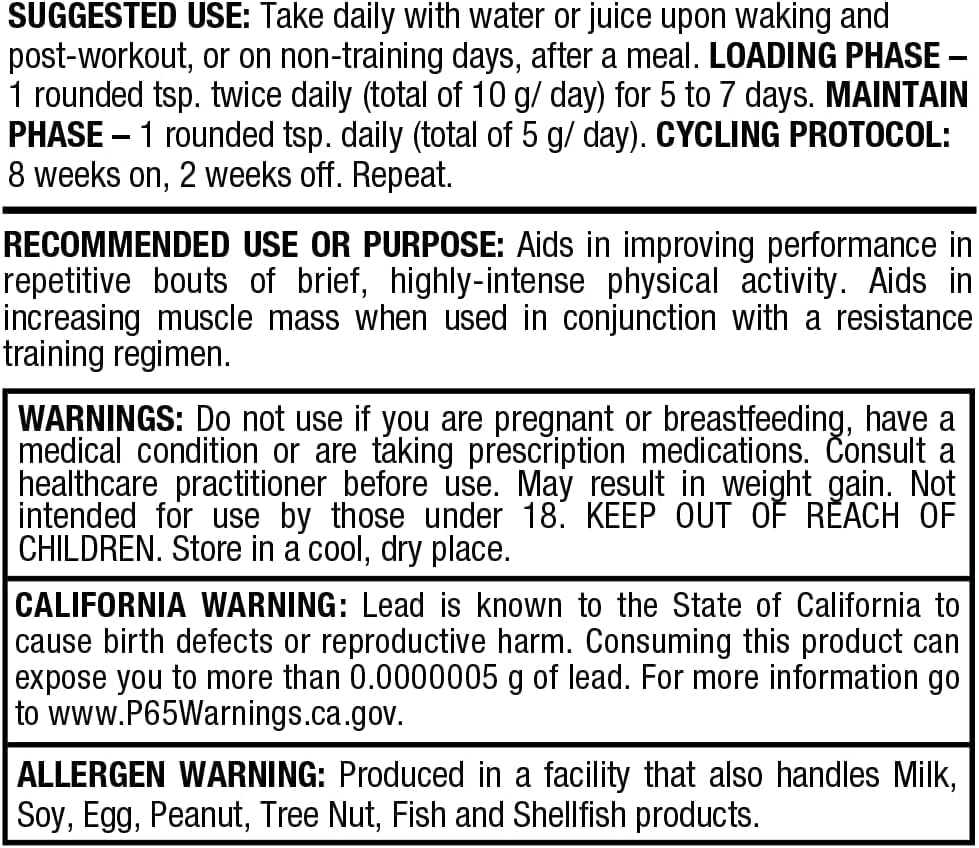 Supplement label with usage instructions, warnings, and allergen information.