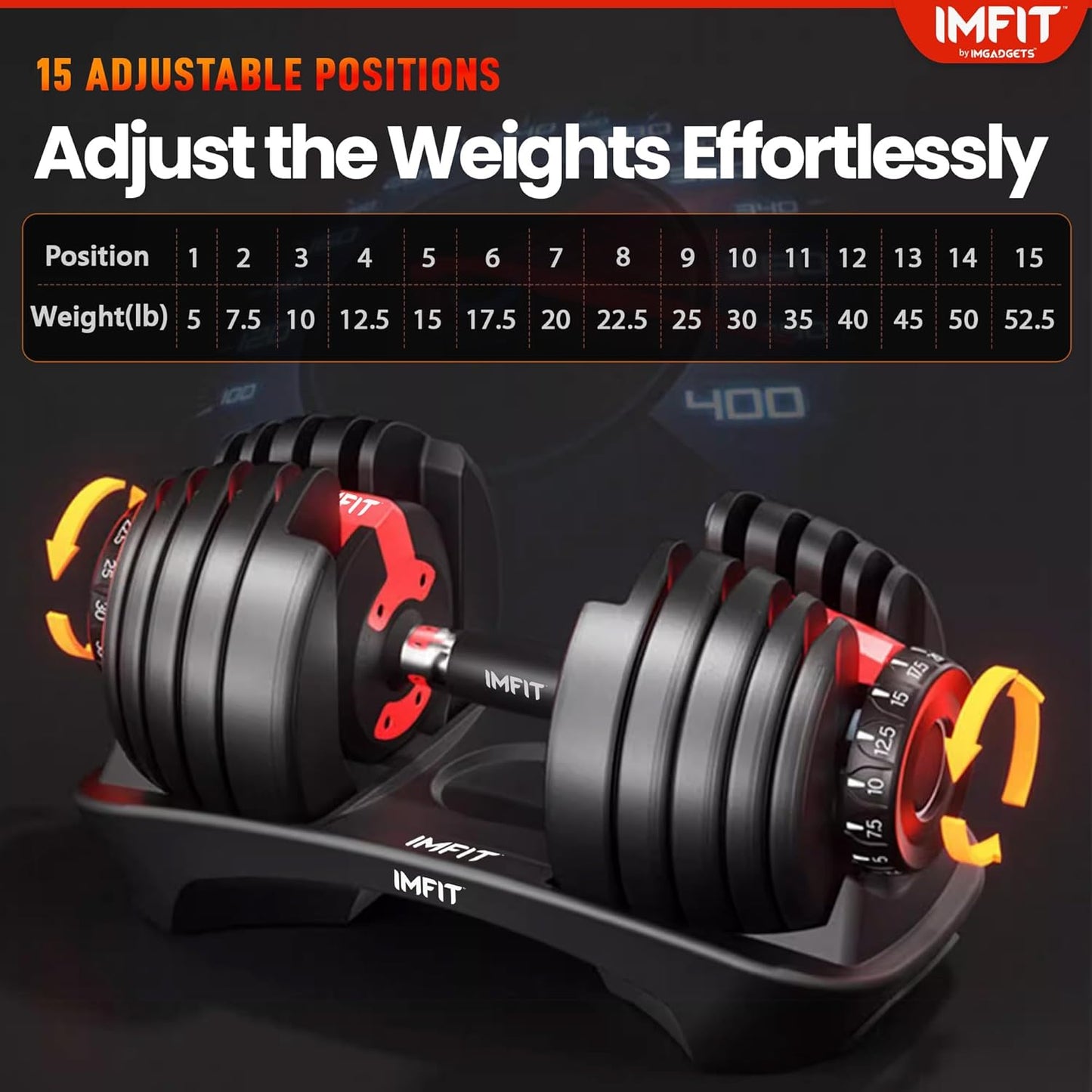 IMFIT adjustable dumbbells with weight display on a dark background