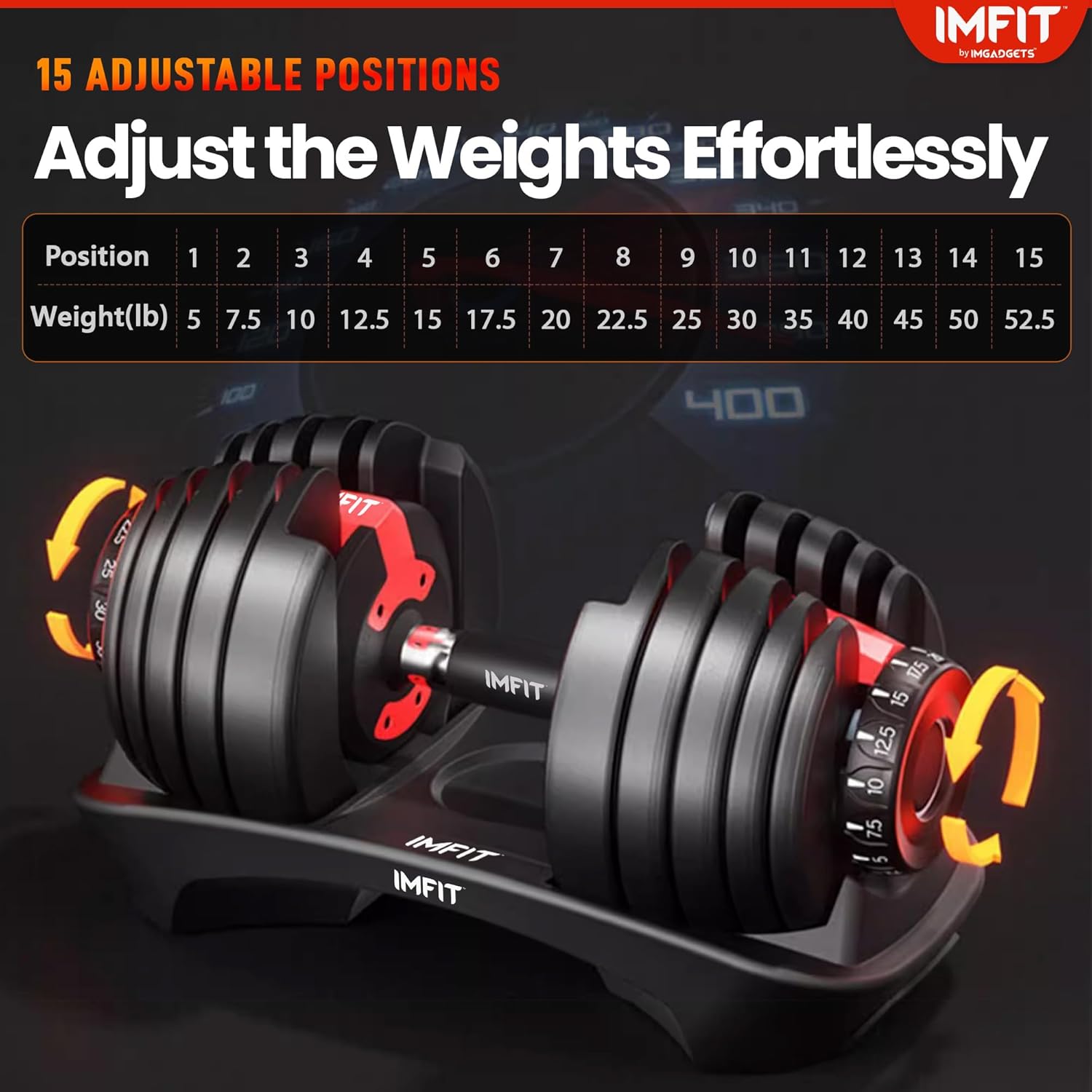 IMFIT adjustable dumbbells with weight display on a dark background