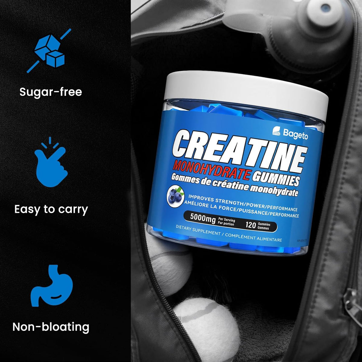A jar of Bageto Creatine Monohydrate Gummies shown inside a black backpack, with three blue feature icons and text on the left reading 'Sugar-free', 'Easy to carry', and 'Non-bloating'.
