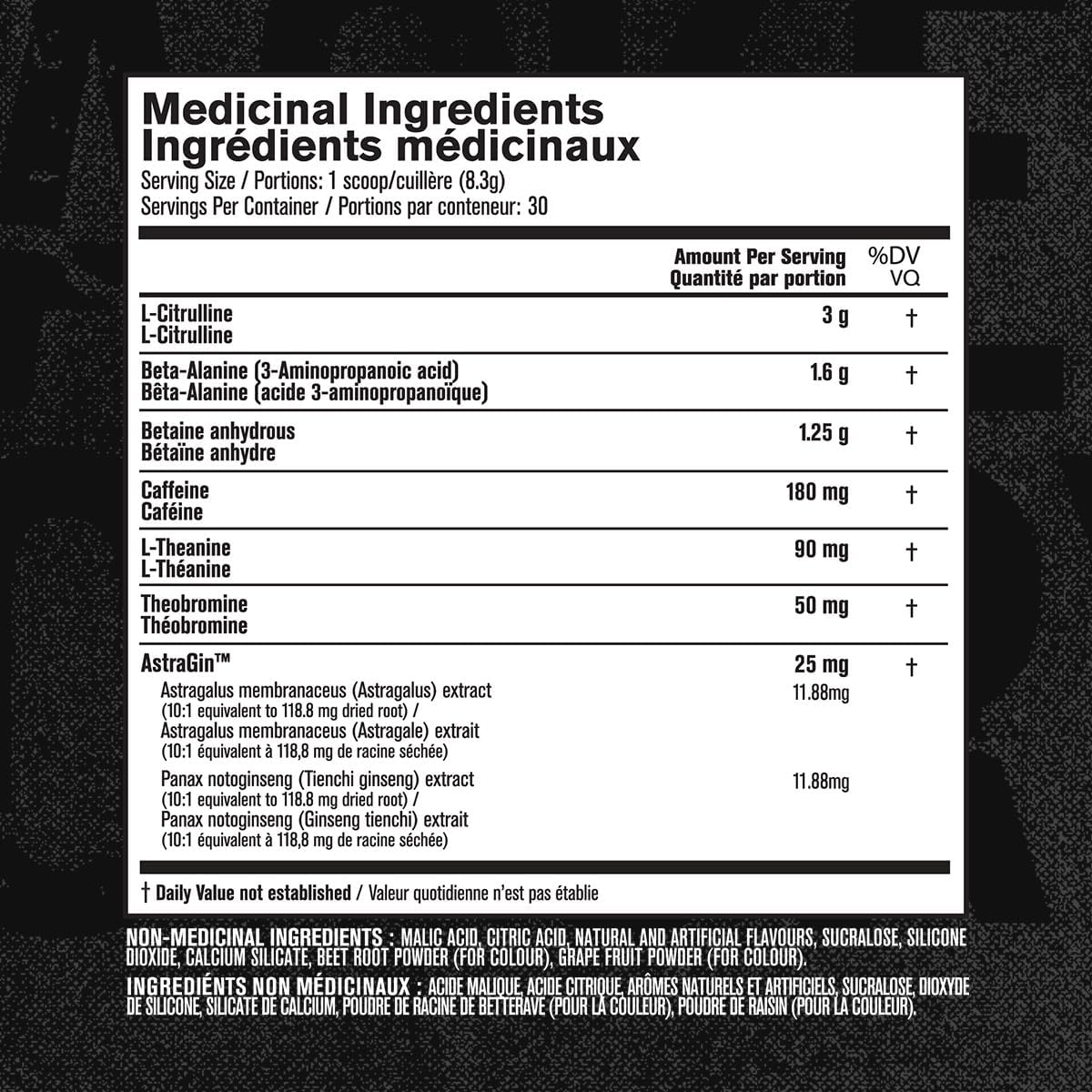 Nutritional label with medicinal ingredients on a black background