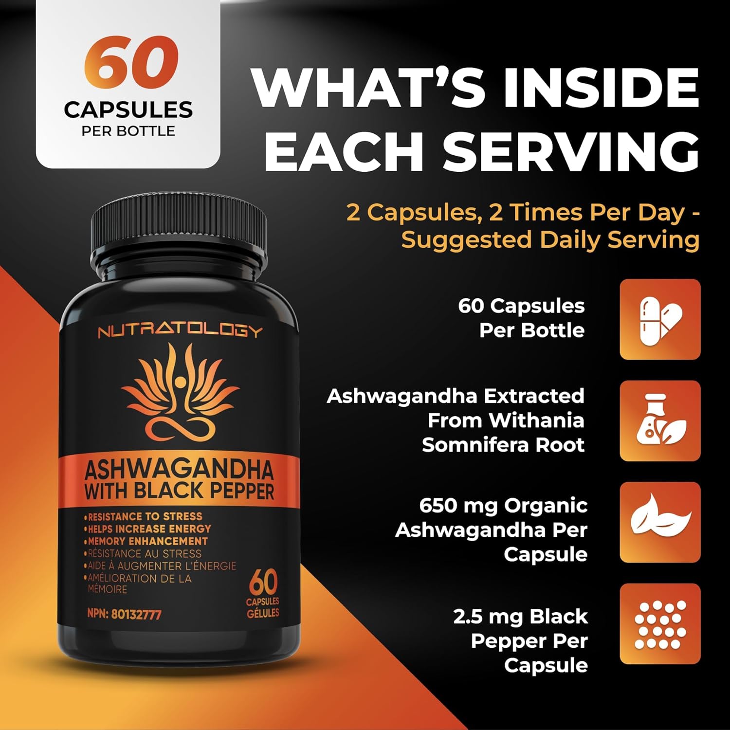 NutraTology Ashwagandha with Black Pepper supplement bottle on a gradient background