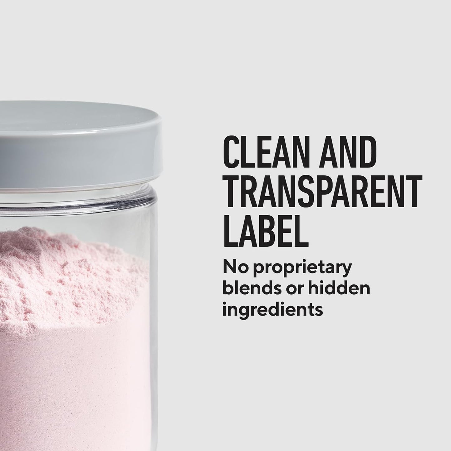 Jar of pink powder with text about a clean and transparent label on a light gray background