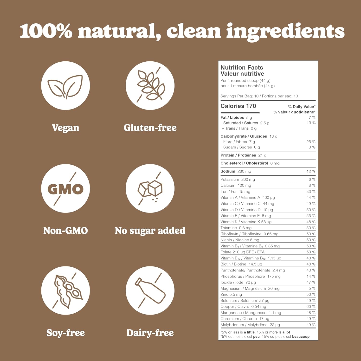 Product label with nutritional information and dietary claims on a brown background