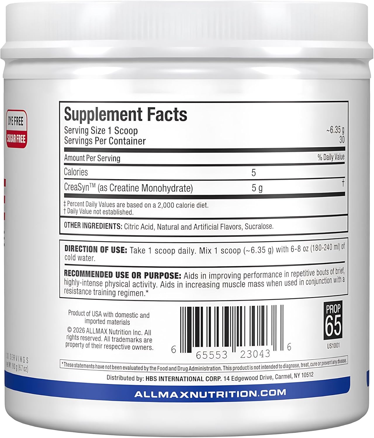 Supplement container with label showing 'Supplement Facts' and 'AllMax Nutrition' branding.