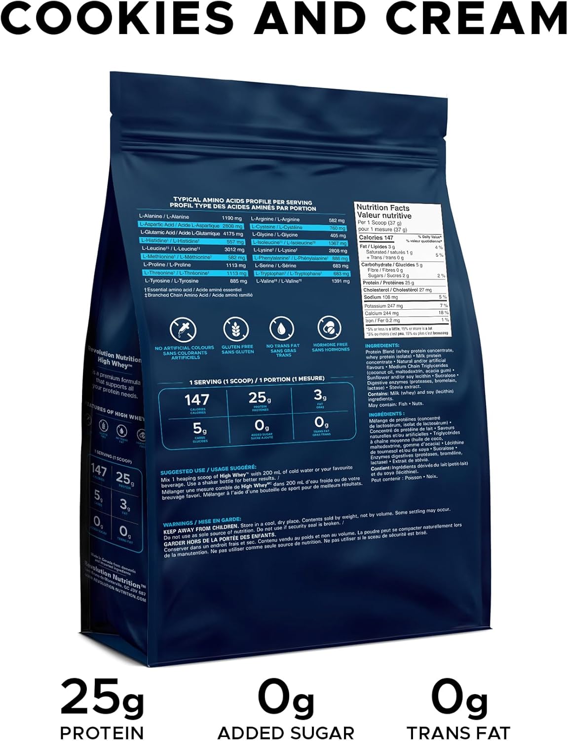 Blue package of 'Cookies and Cream' flavor with nutritional information on a white background