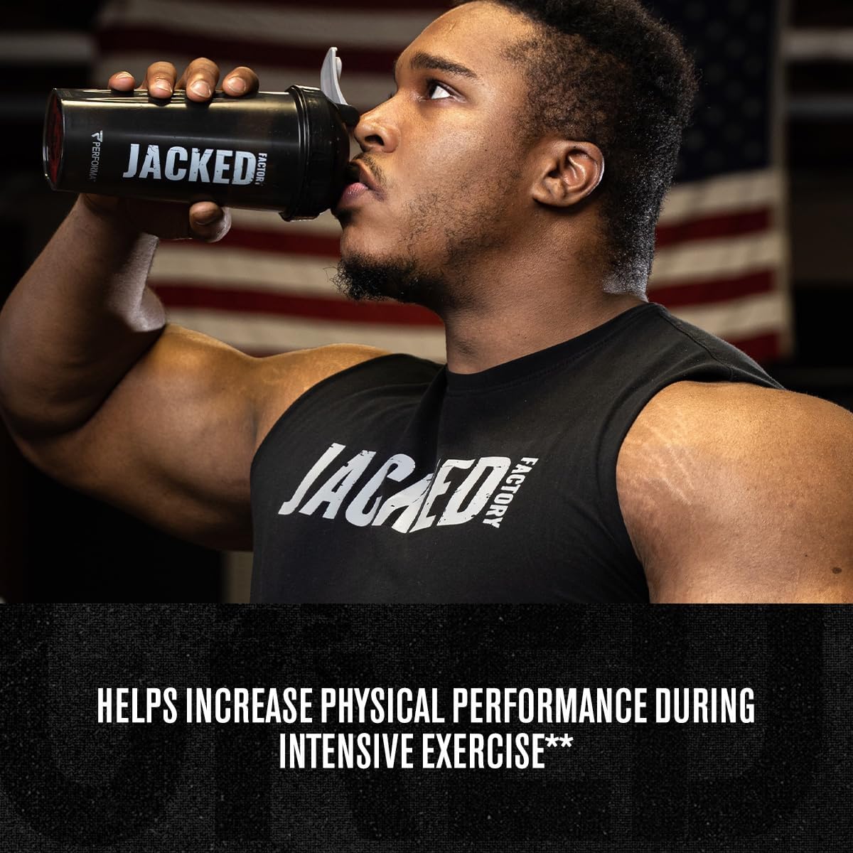 Man drinking from a 'Jacked' supplement bottle with text about physical performance.