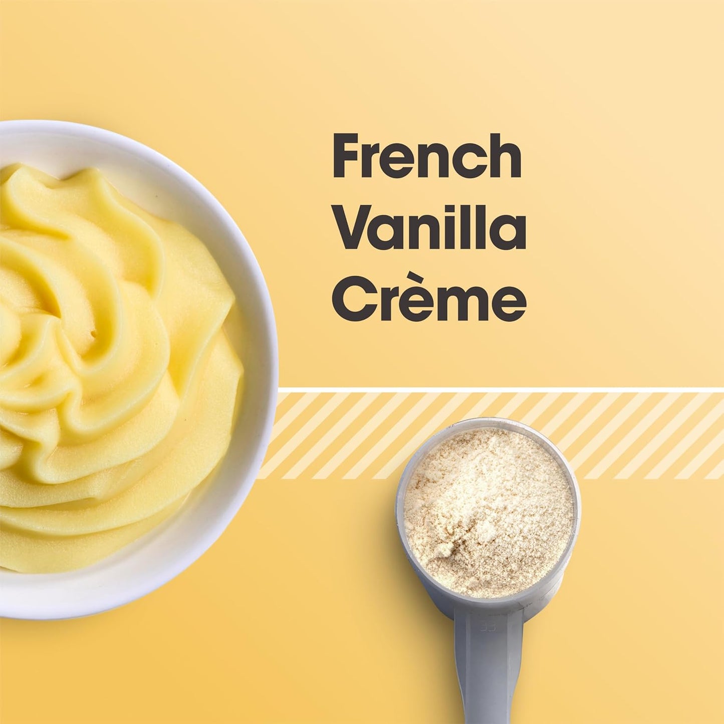 French Vanilla Cèreme with a bowl of cream and a scoop of powder on a yellow background