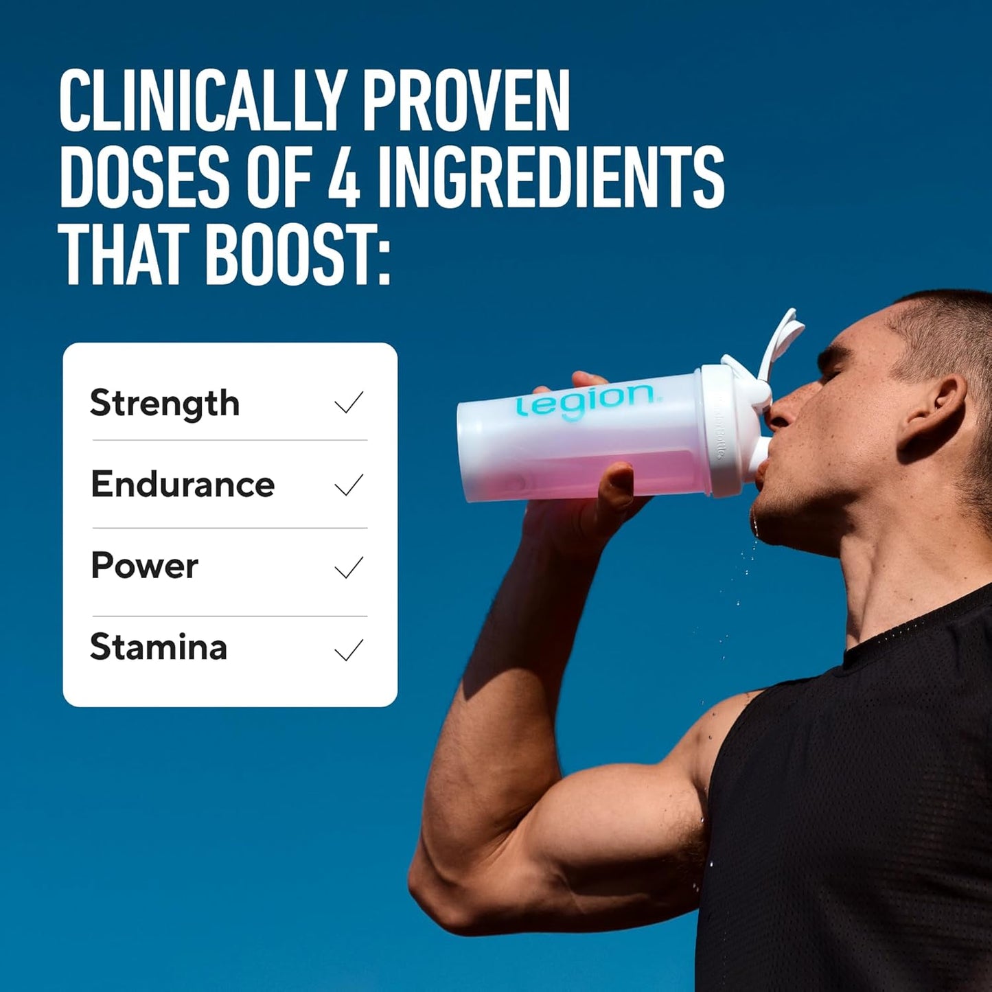 Man drinking from a Legion supplement shaker with text about clinically proven ingredients boosting strength, endurance, power, and stamina on a blue background.