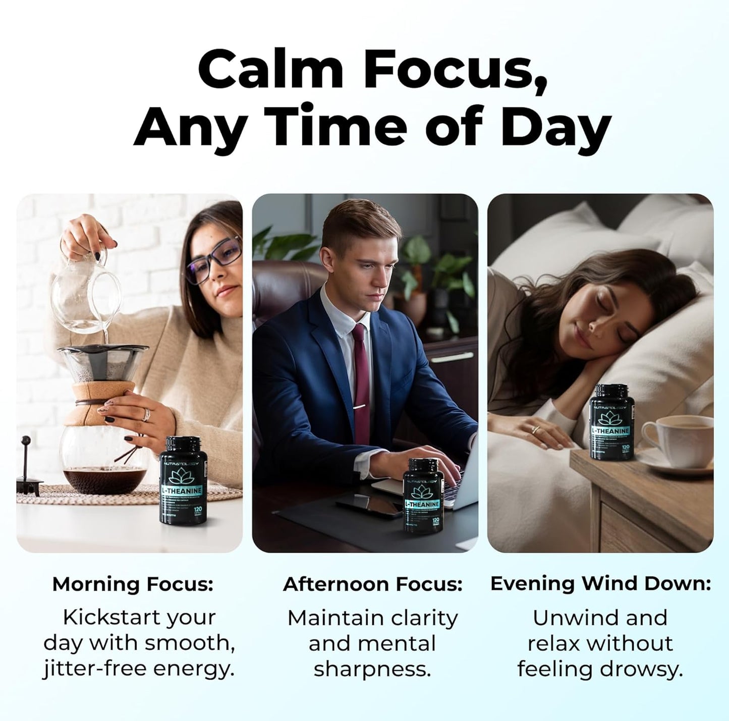 Three scenarios showing people using a product for different times of the day with text describing its effects.