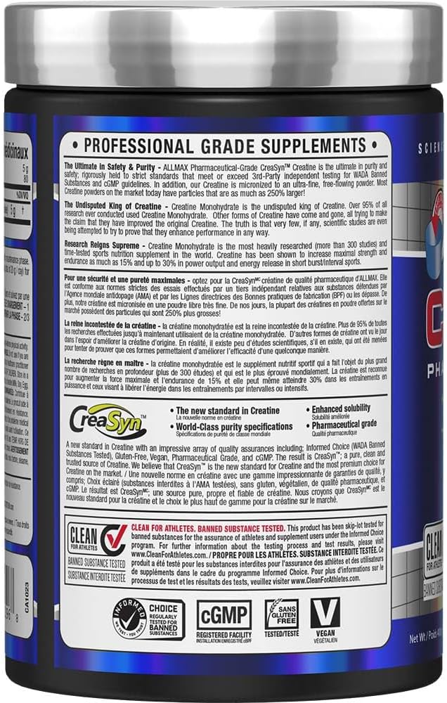 Supplement container with blue and silver label