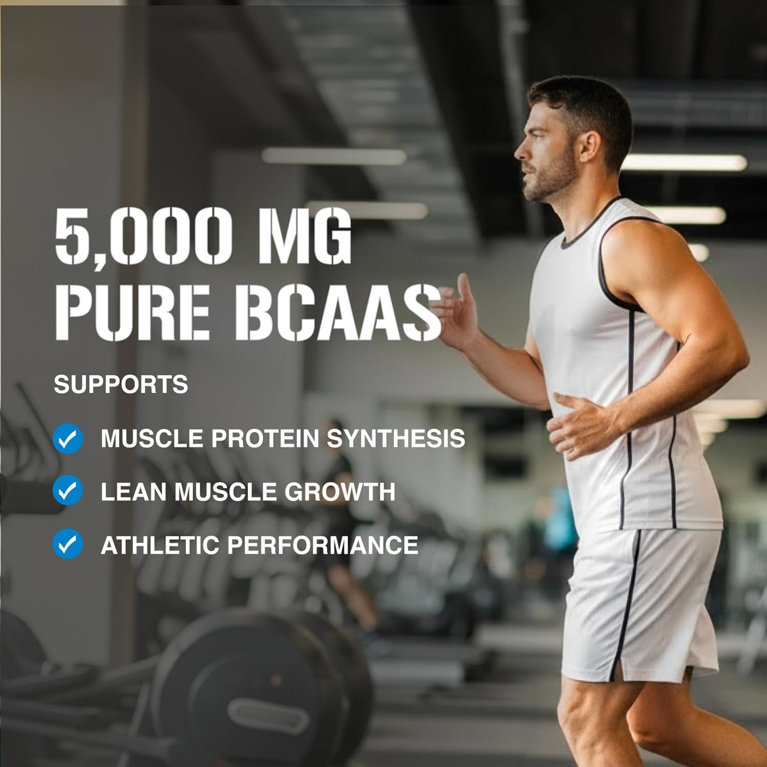 Man running in a gym with text about 5,000 mg pure BCAAs and their benefits.