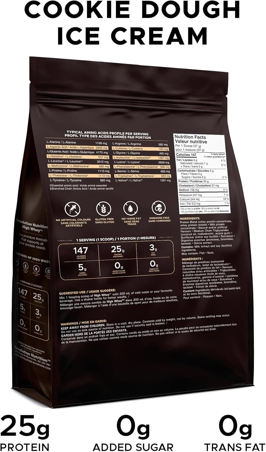 Dark chocolate packaging of cookie dough ice cream with nutritional information on a white background