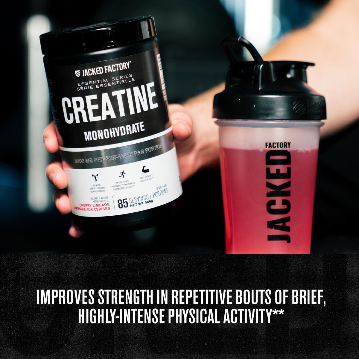 Jacked Factory creatine supplement container and shaker bottle with text on a blurred background