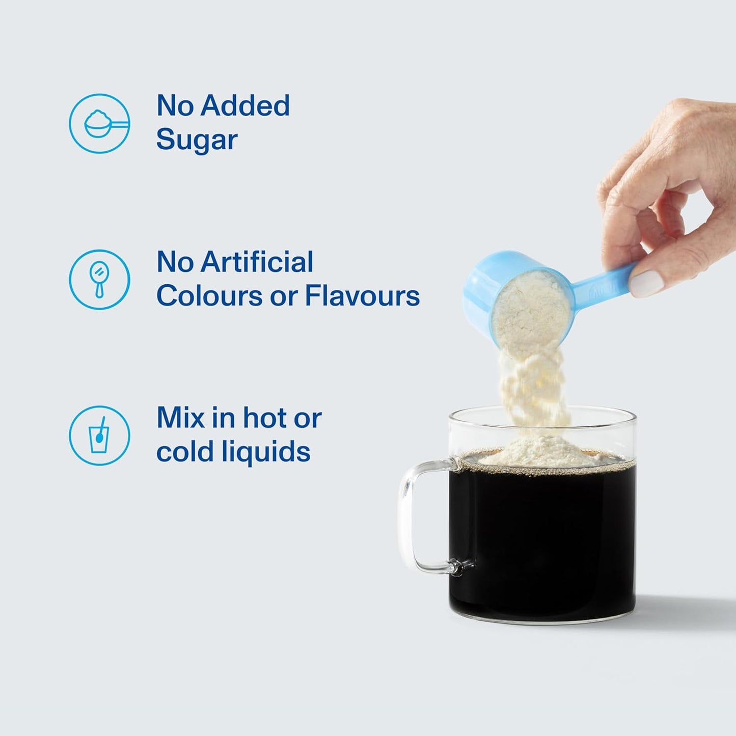 Person adding a scoop of powder to a mug with text about product features on a light gray background