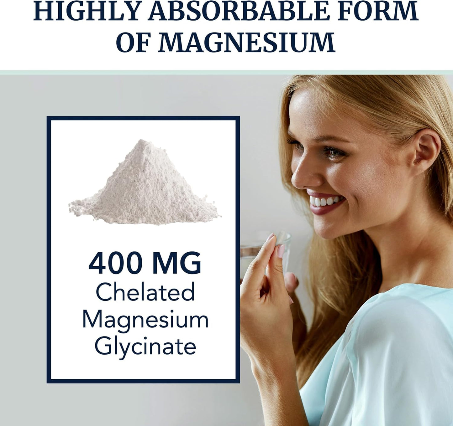 Woman holding a glass of water with text about chelated magnesium glycinate supplement.
