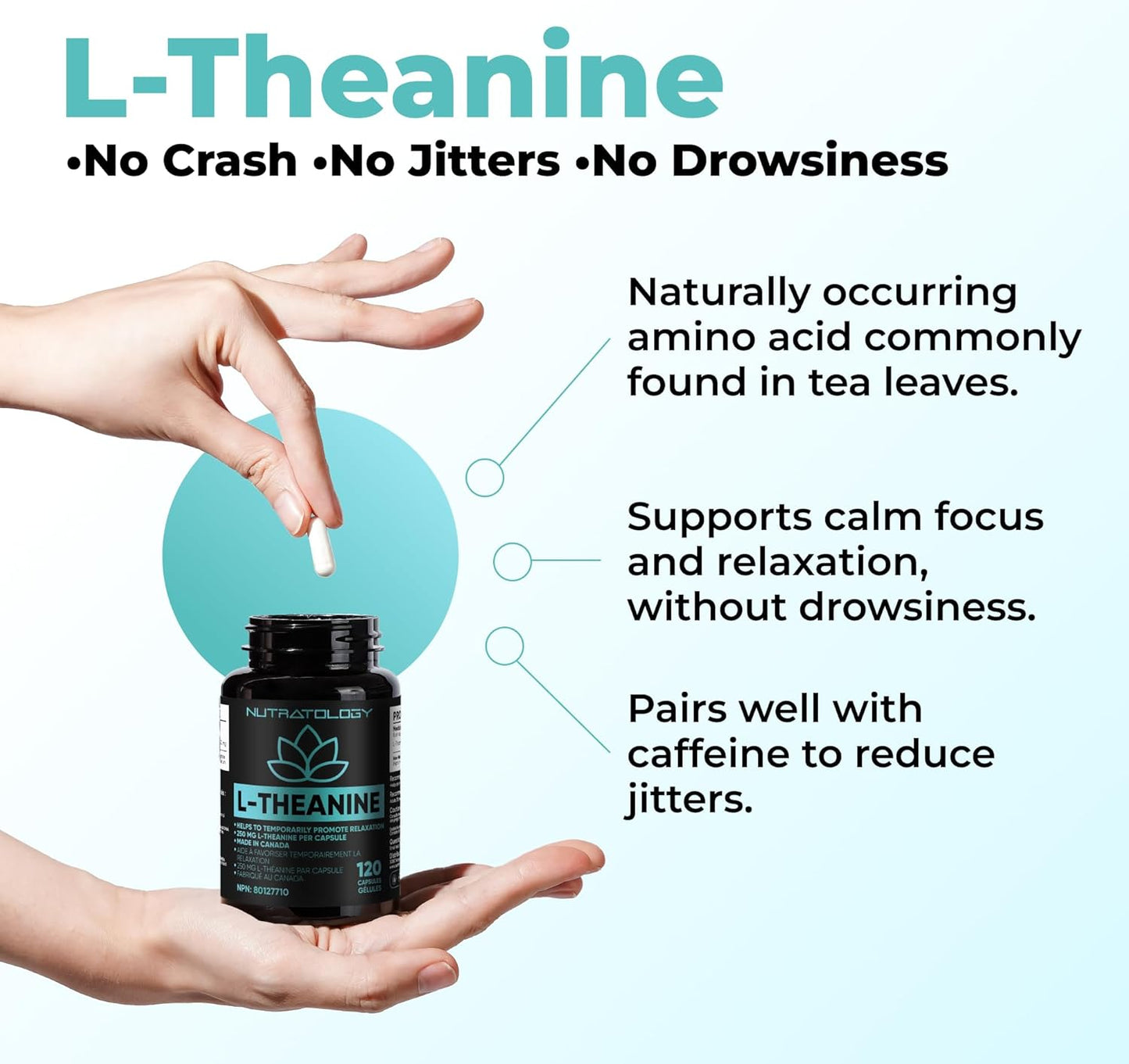 L-Theanine supplement bottle with hand holding a capsule against a light blue background