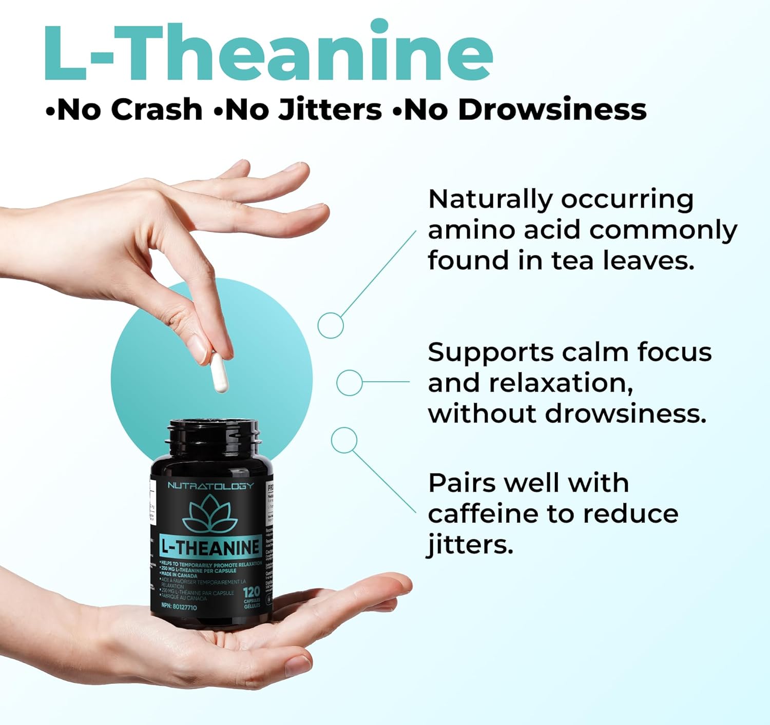 L-Theanine supplement bottle with hand holding a capsule against a light blue background