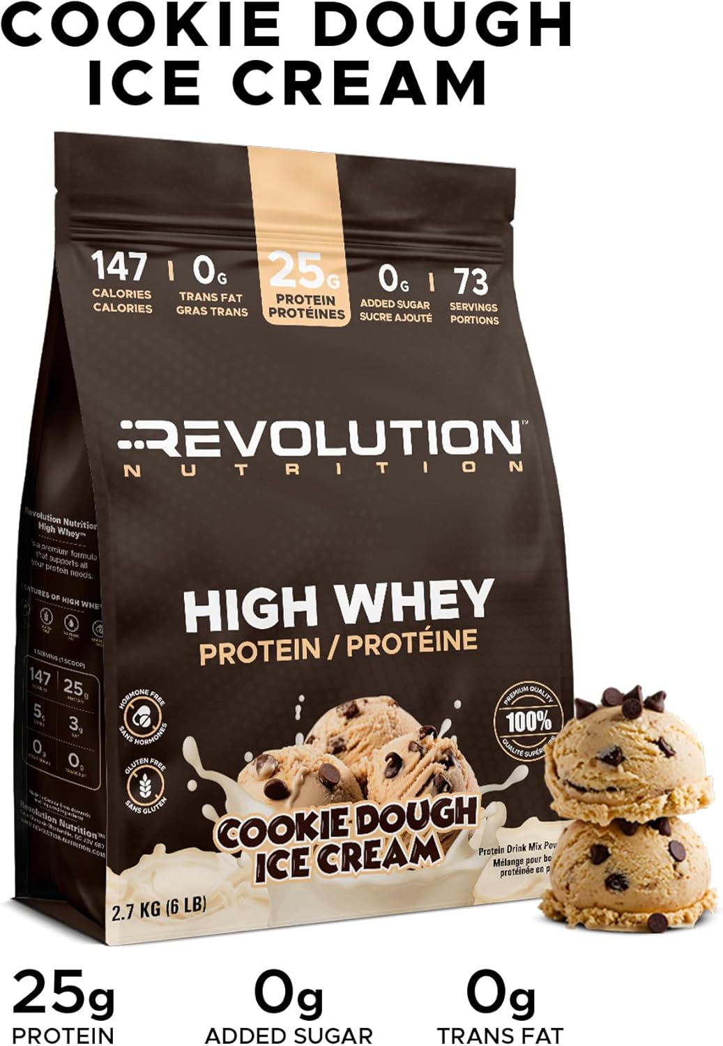 Revolution Nutrition High Whey Protein package with cookie dough ice cream flavor on a white background