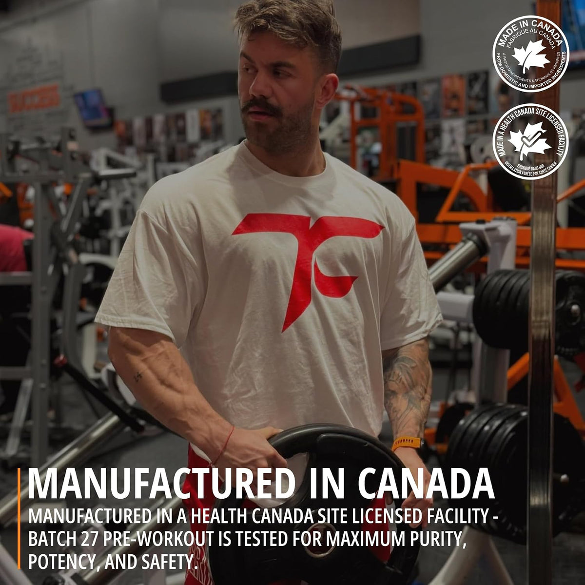 Man wearing a white t-shirt with a red logo in a gym setting, with text about product manufacturing in Canada.