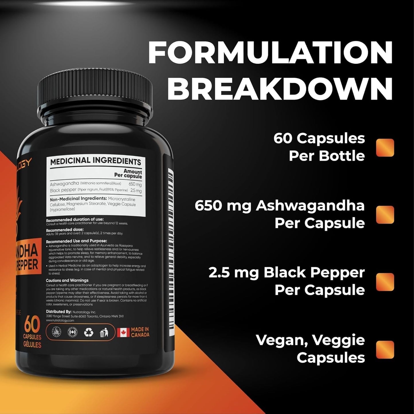 Black bottle of Ashwagandha supplement with formulation breakdown details on a dark background
