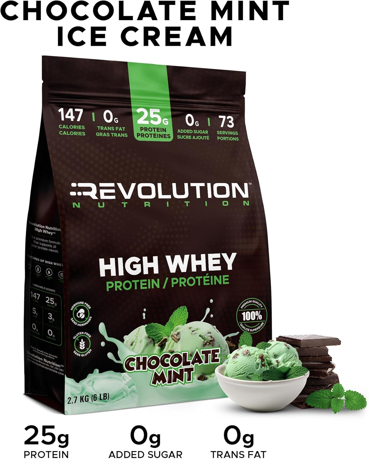 Revolution Nutrition High Whey Protein package for chocolate mint ice cream flavor on a white background