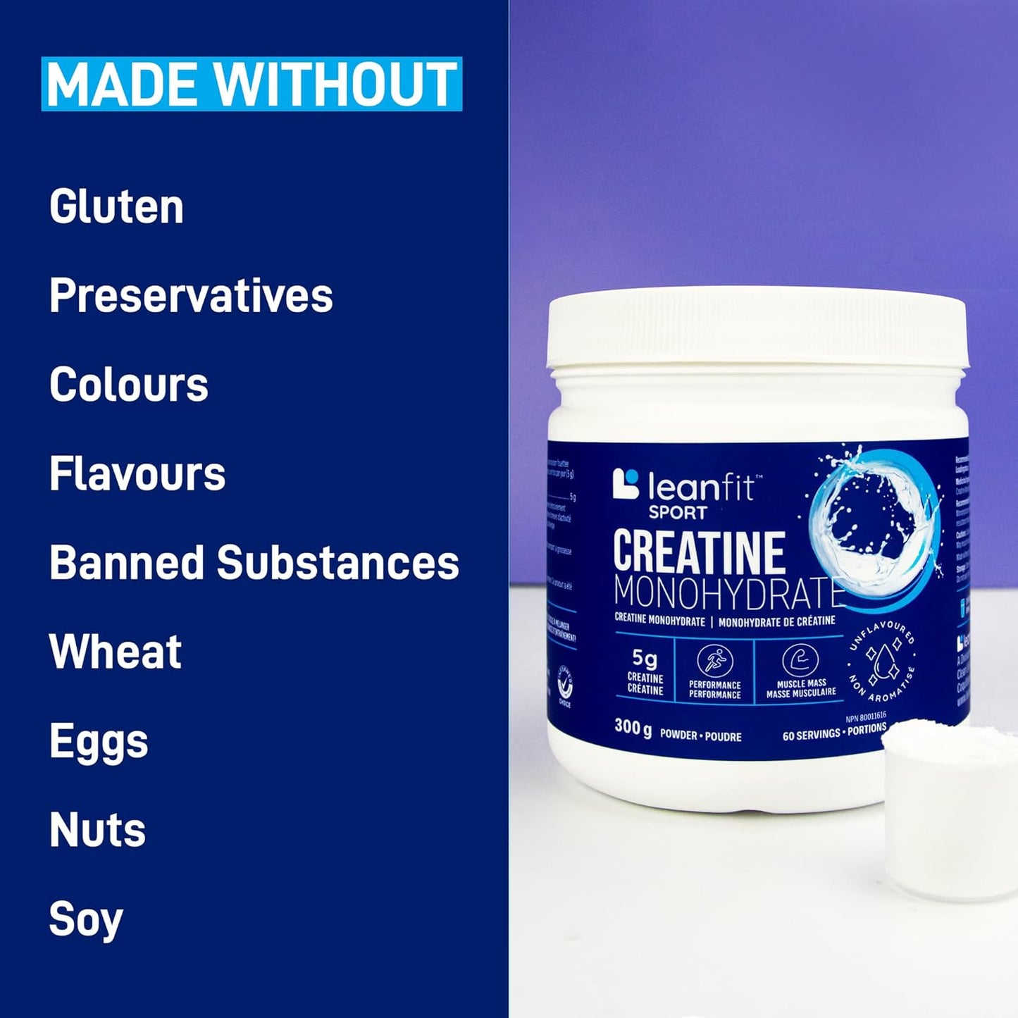 LeanFit Sport Creatine Monohydrate container with a list of ingredients it's made without on a blue and purple background.