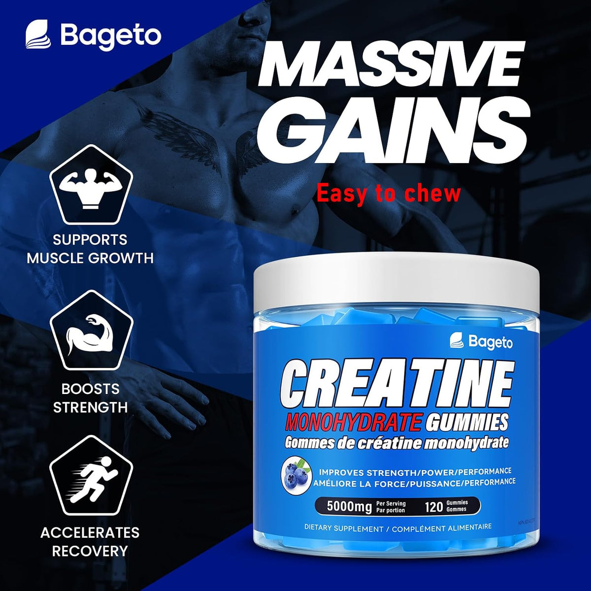 A jar of Bageto Creatine Monohydrate Gummies is shown against a dark blue promotional background with a muscular model silhouette, large white text reading 'MASSIVE GAINS,' and three benefit icons for muscle growth, strength, and recovery.
