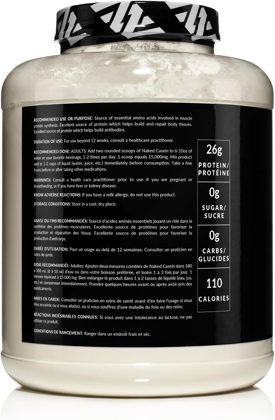 A large tub of protein powder with a black label and white cap, photographed on a clean white background. The label shows nutritional information including 26g protein, 0g sugar, 0g carbs, and 110 calories.