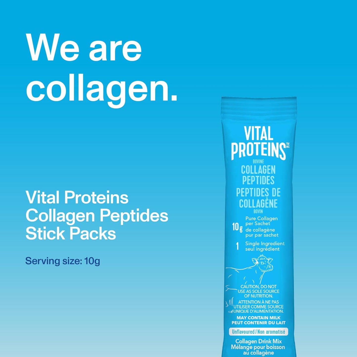 Vital Proteins Collagen Peptides Stick Packs on a blue background with text 'We are collagen'.