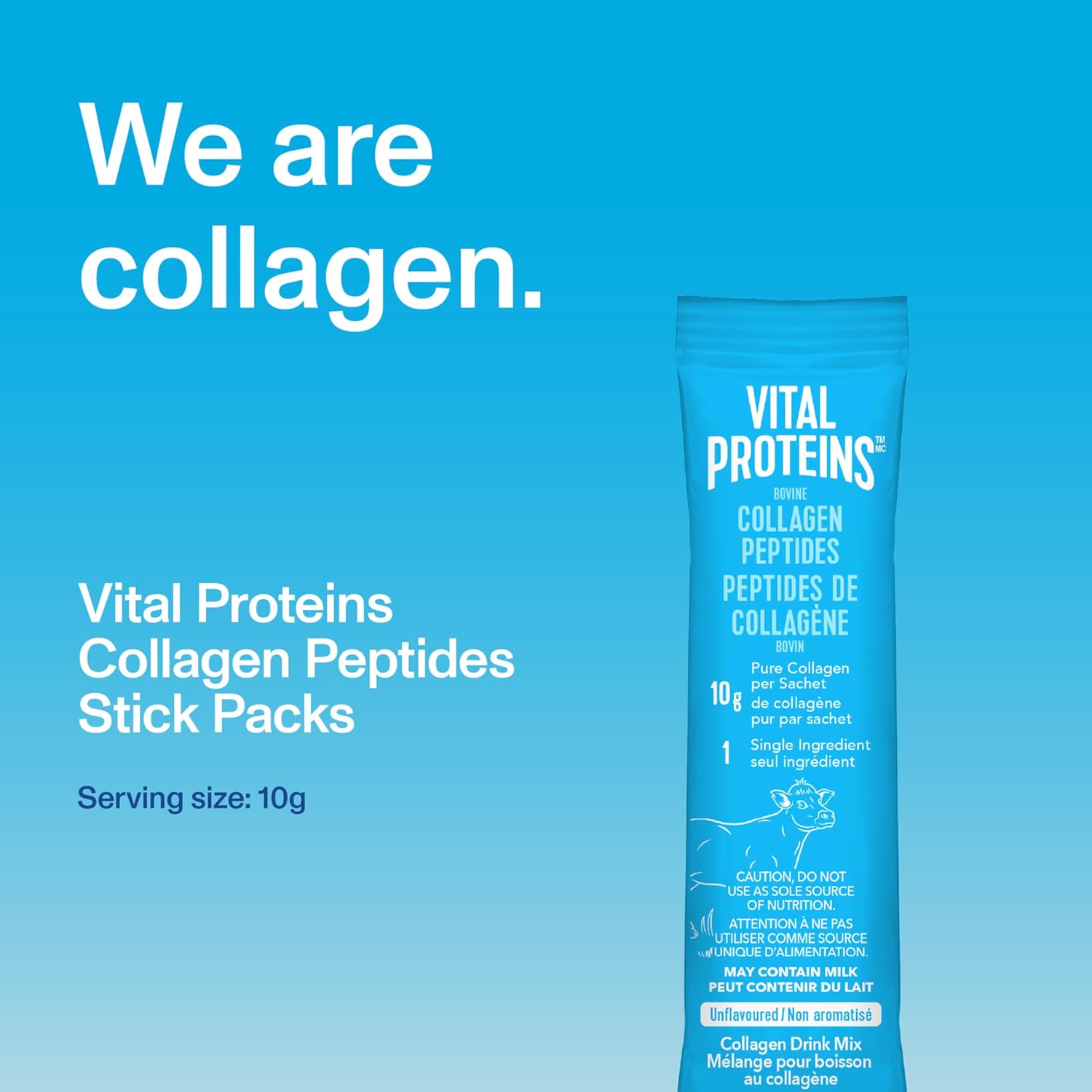 Vital Proteins Collagen Peptides Stick Packs on a blue background with text 'We are collagen'.