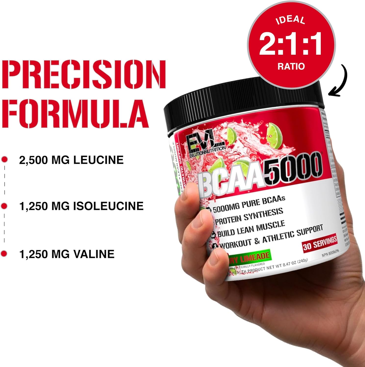 Hand holding a supplement container labeled 'BCAA 5000' with nutritional information on a white background.
