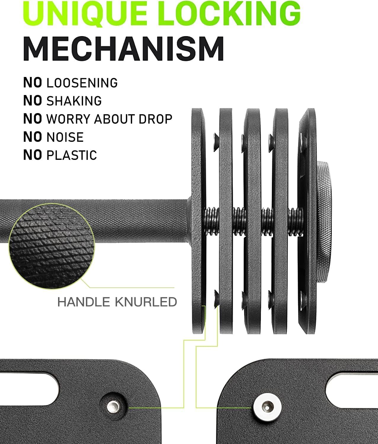 Dumbbell set with unique locking mechanism features on a white background