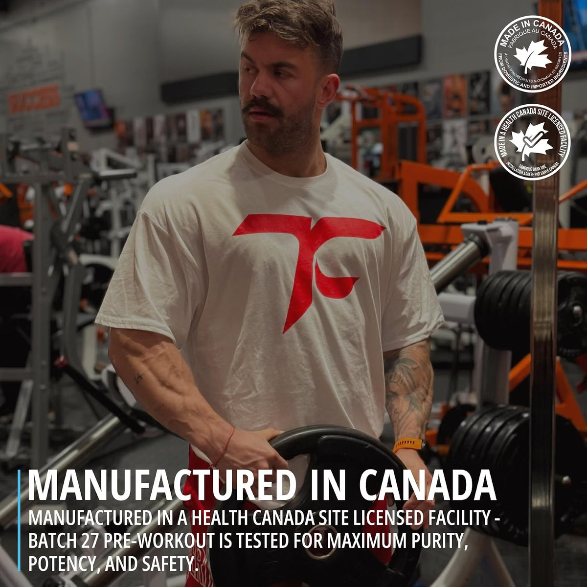 Man wearing a white t-shirt with a red logo in a gym setting, with text about product manufacturing in Canada.