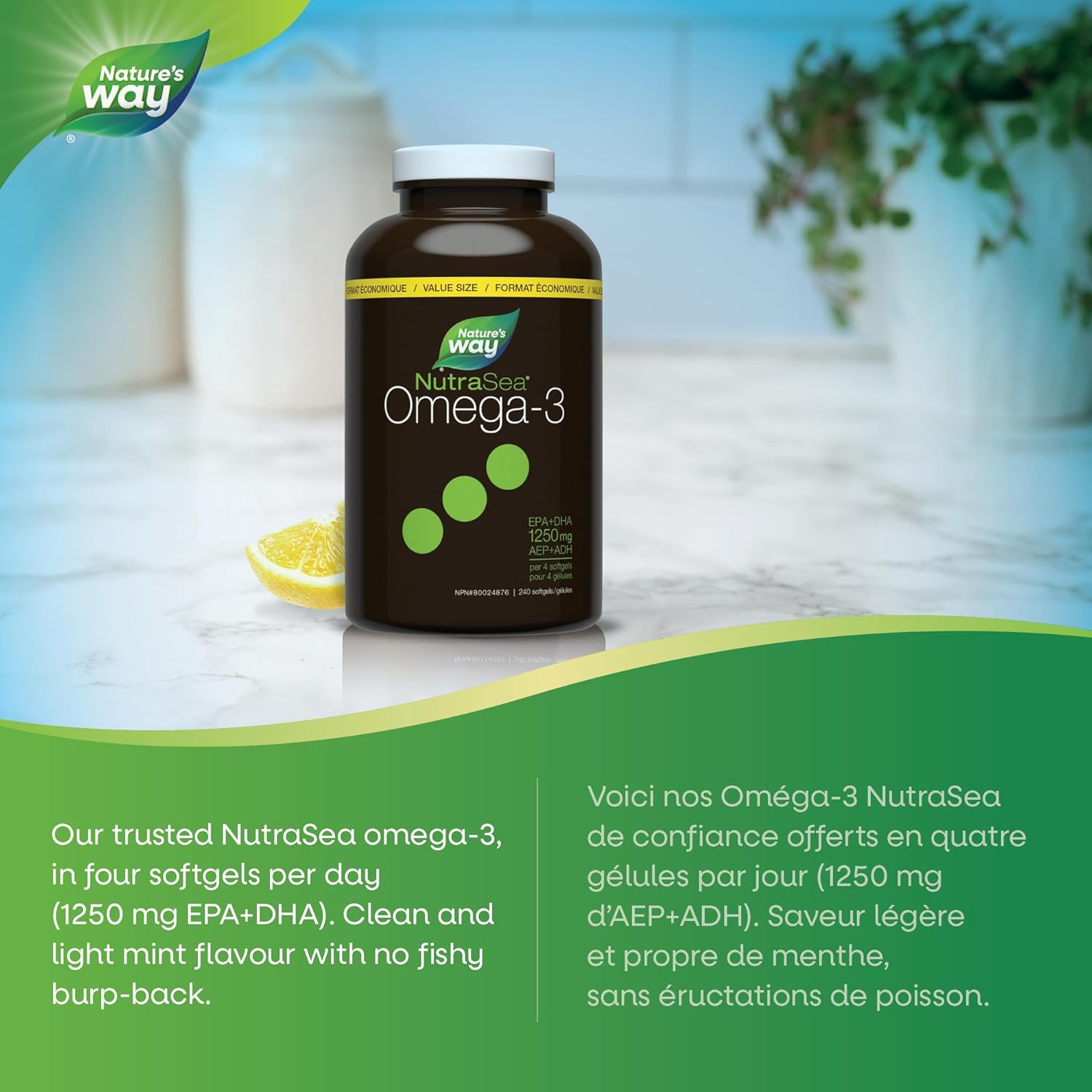 Nature's Way NutraSea Omega-3 supplement bottle on a blurred background with text about the product.