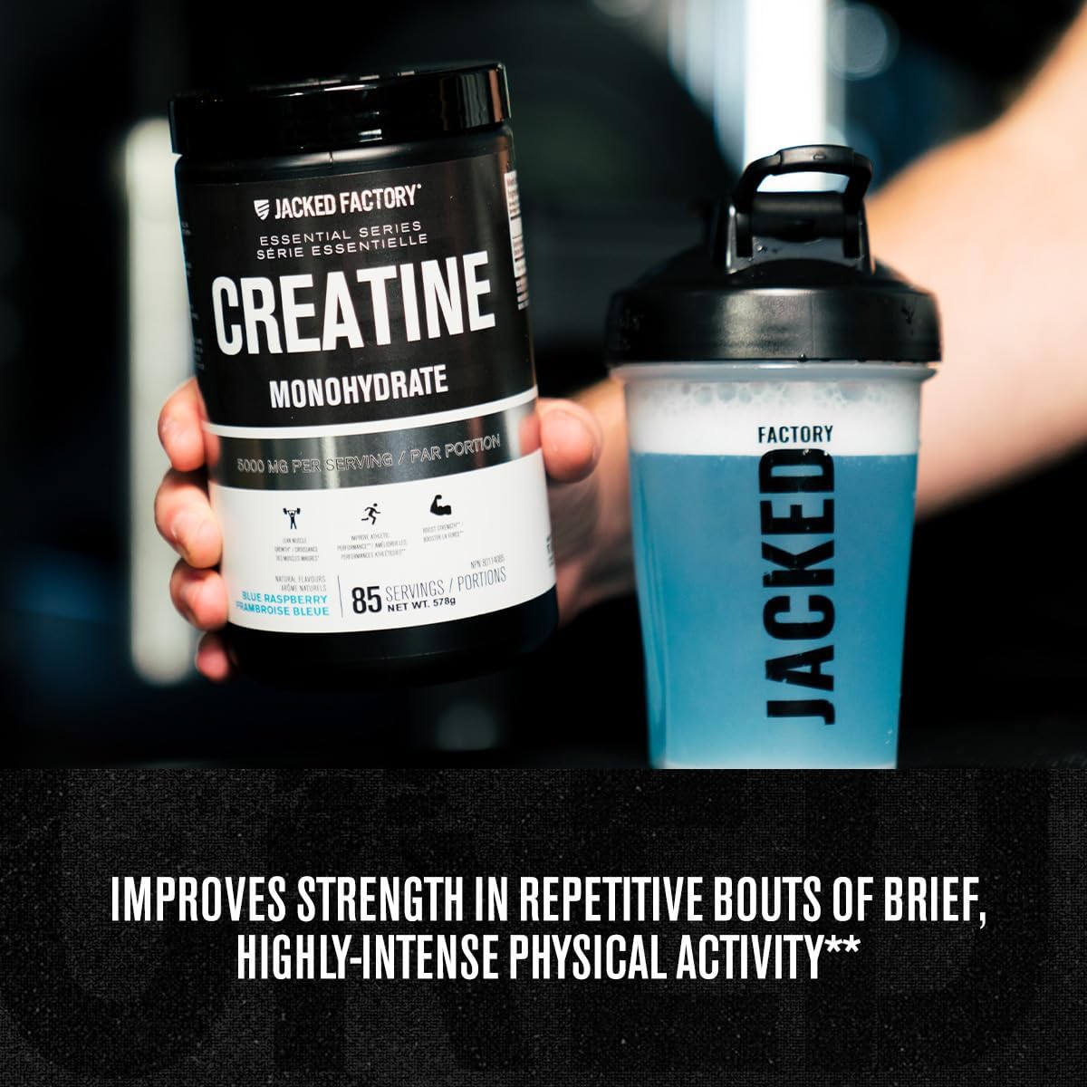 Jacked Factory creatine monohydrate supplement and shaker bottle on a dark background