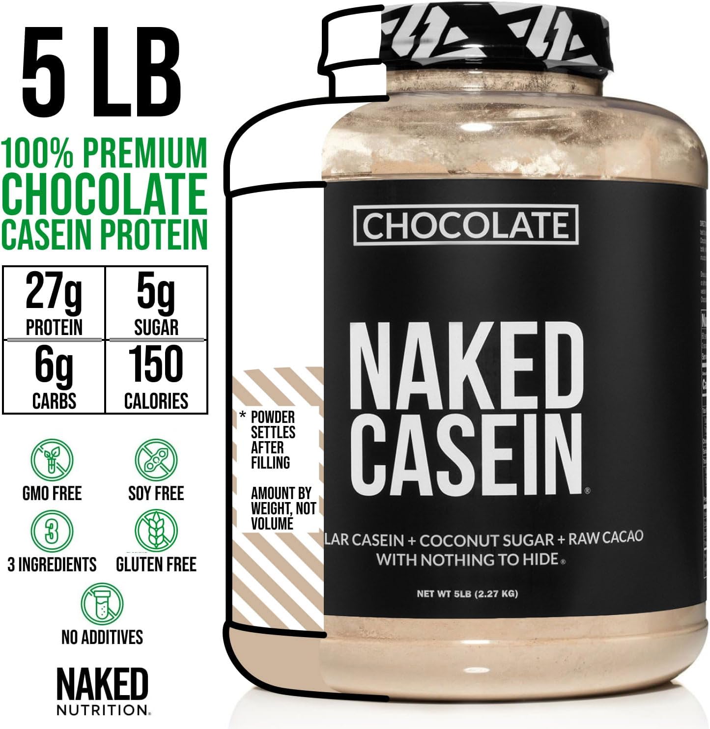 A tub of Naked Casein Chocolate protein powder shown on a white background with large text callouts including '5 LB', '100% Premium Chocolate Casein Protein', and nutritional facts. The product jar has a black label with white text and a black-and-white patterned cap.