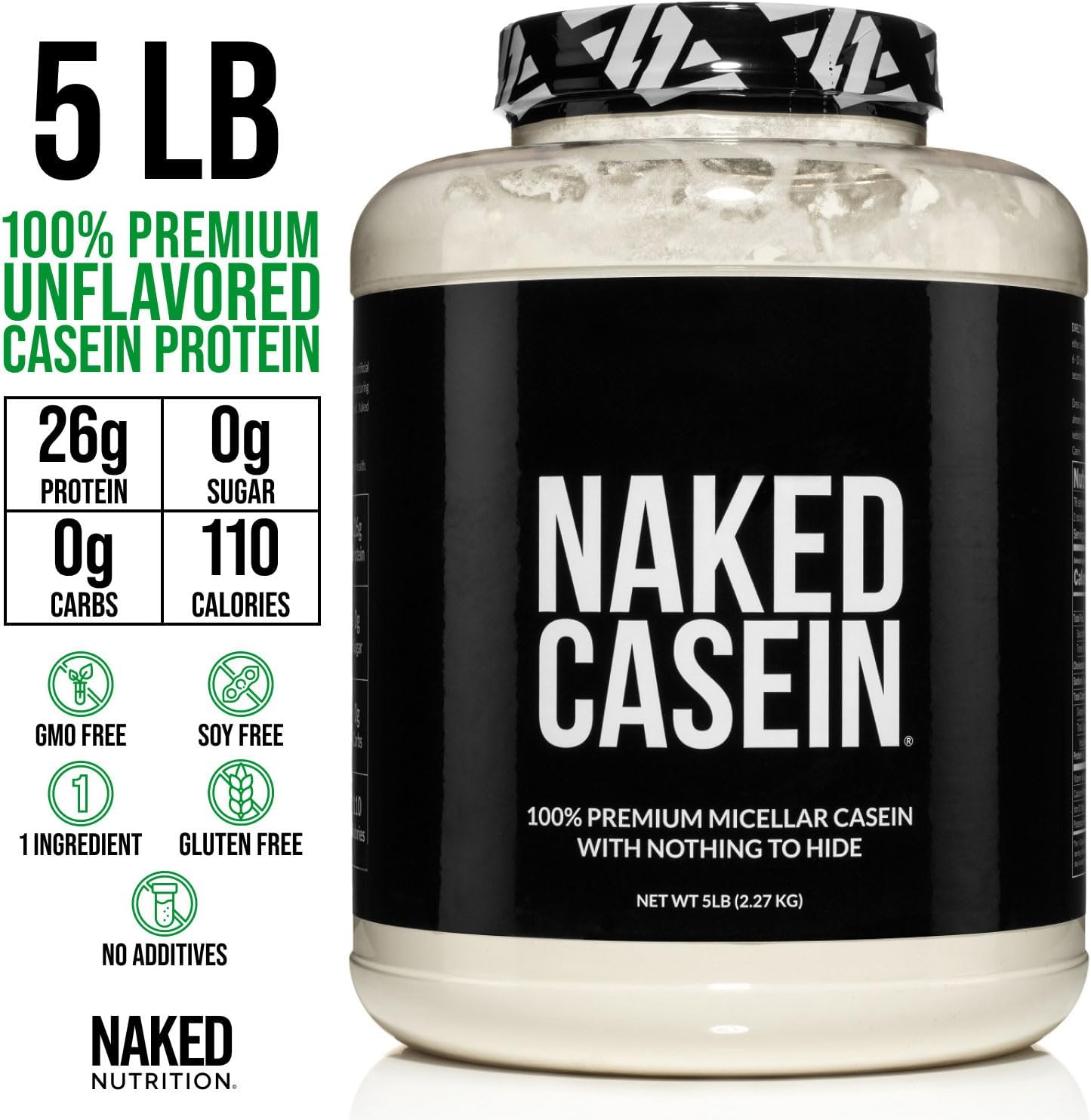 A 5 lb tub of Naked Casein protein powder with a black label and white container, shown on a white background with product claims and nutrition facts on the left.