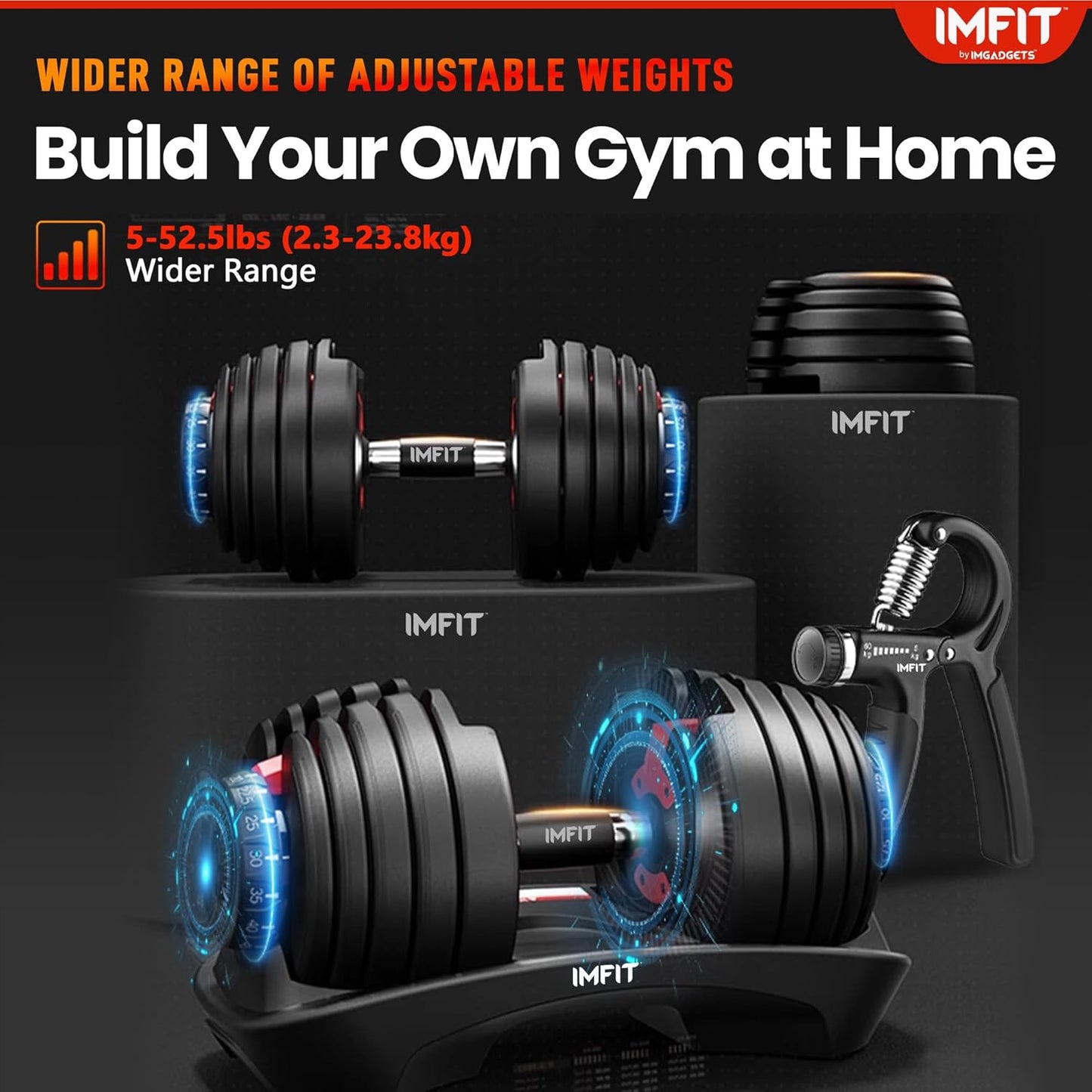 IMFIT adjustable dumbbells set with digital display on a dark background