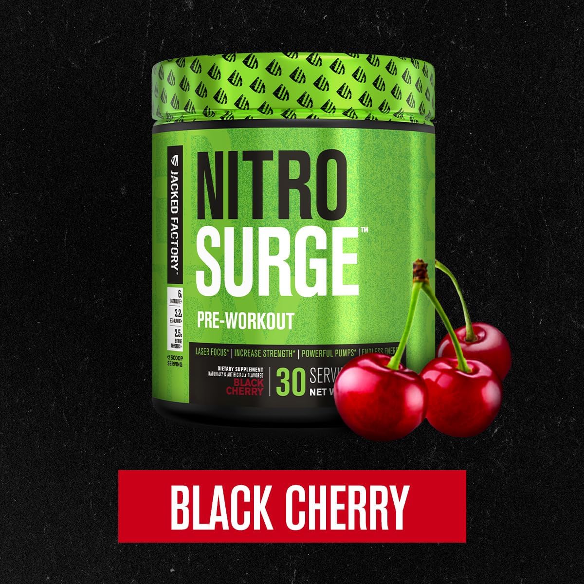 Green container of Nitro Surge pre-workout supplement with black cherry flavor text on a black background