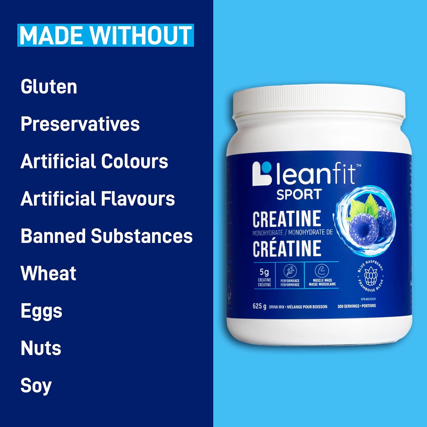 Leanfit Sport Creatine container with a list of ingredients it's made without on a blue background