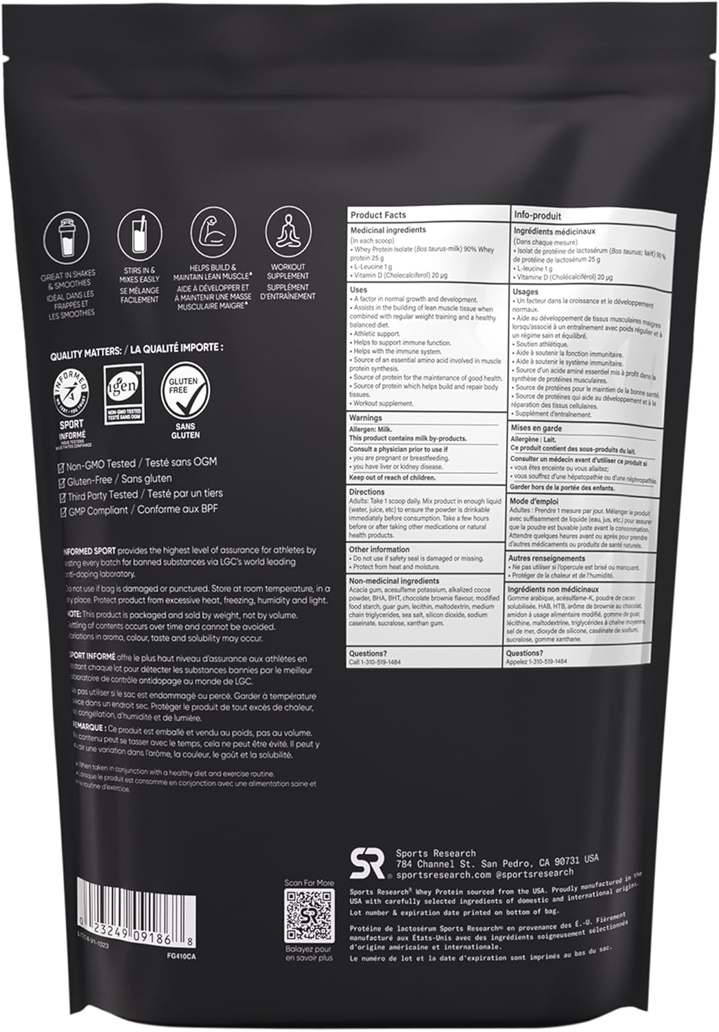 Black supplement package with nutritional information and branding on a white background