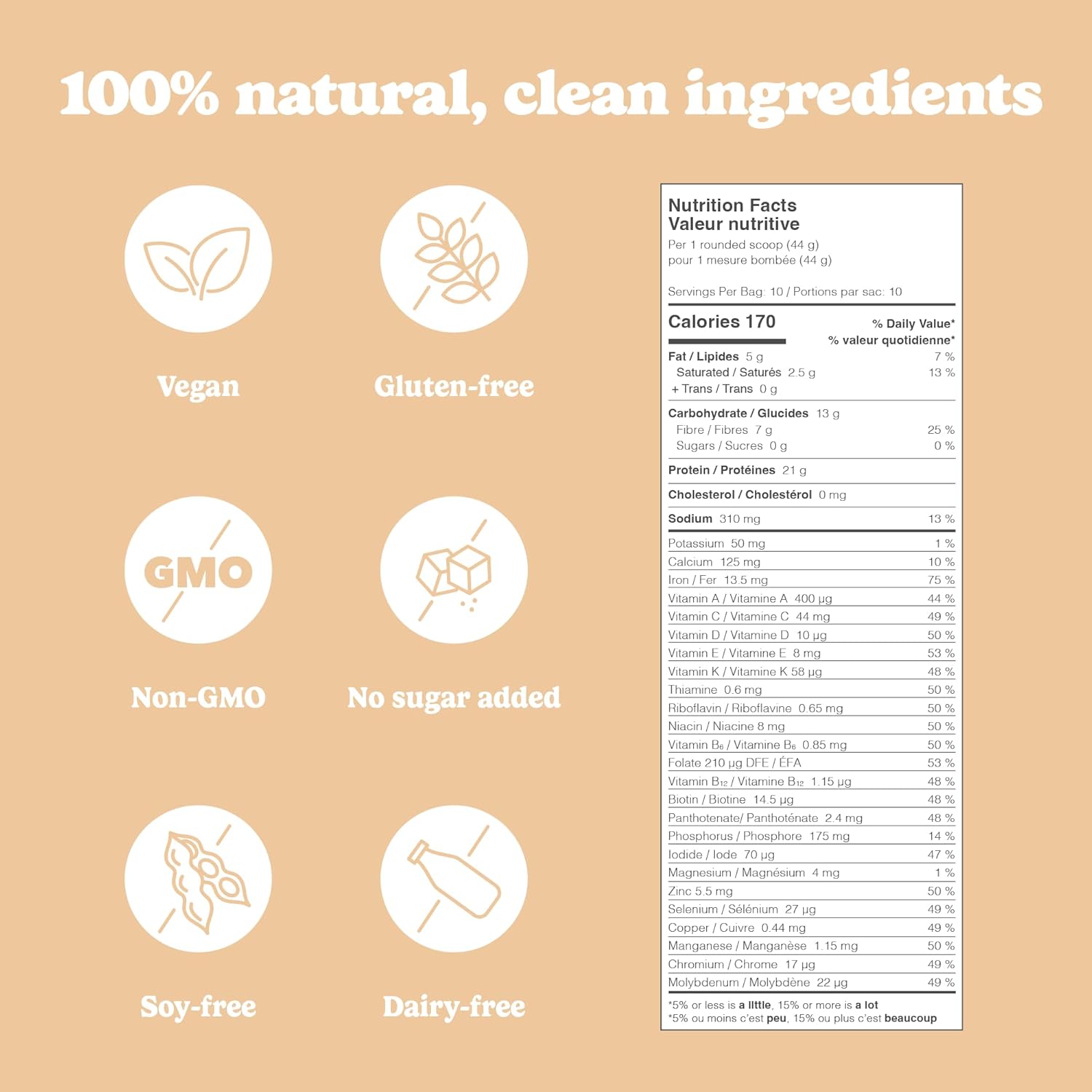 Product label with nutritional information and dietary claims on a beige background