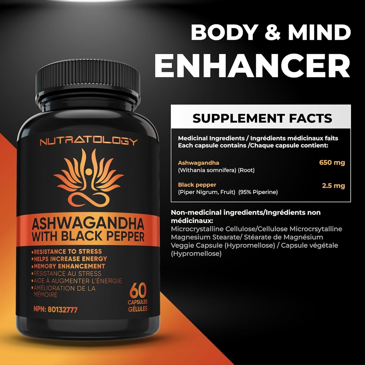 Nutratology Ashwagandha with Black Pepper supplement bottle on a gradient background