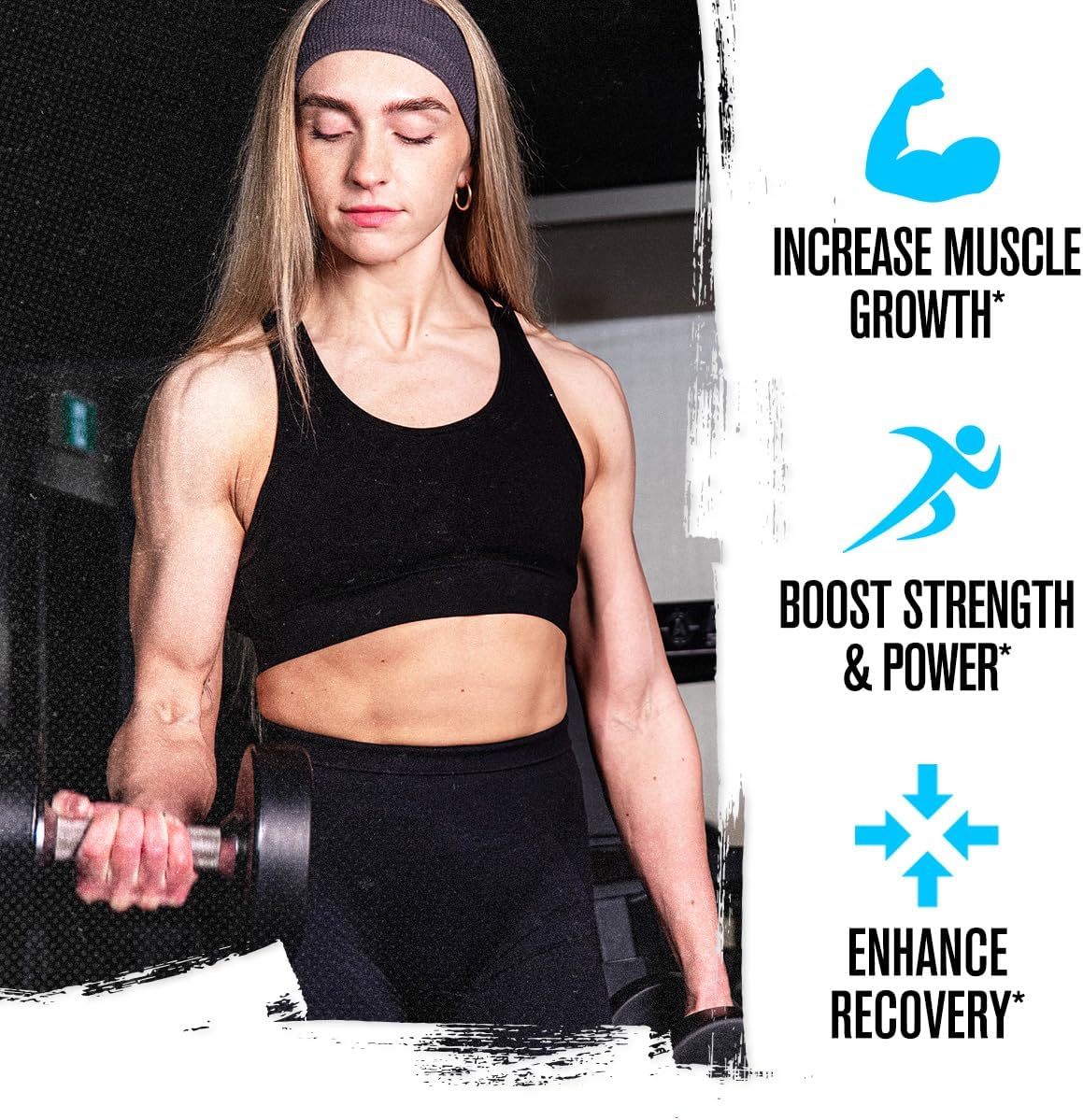 A woman in a black sports bra and leggings holds a dumbbell in a gym setting, with text on the right listing benefits: increase muscle growth, boost strength and power, and enhance recovery.
