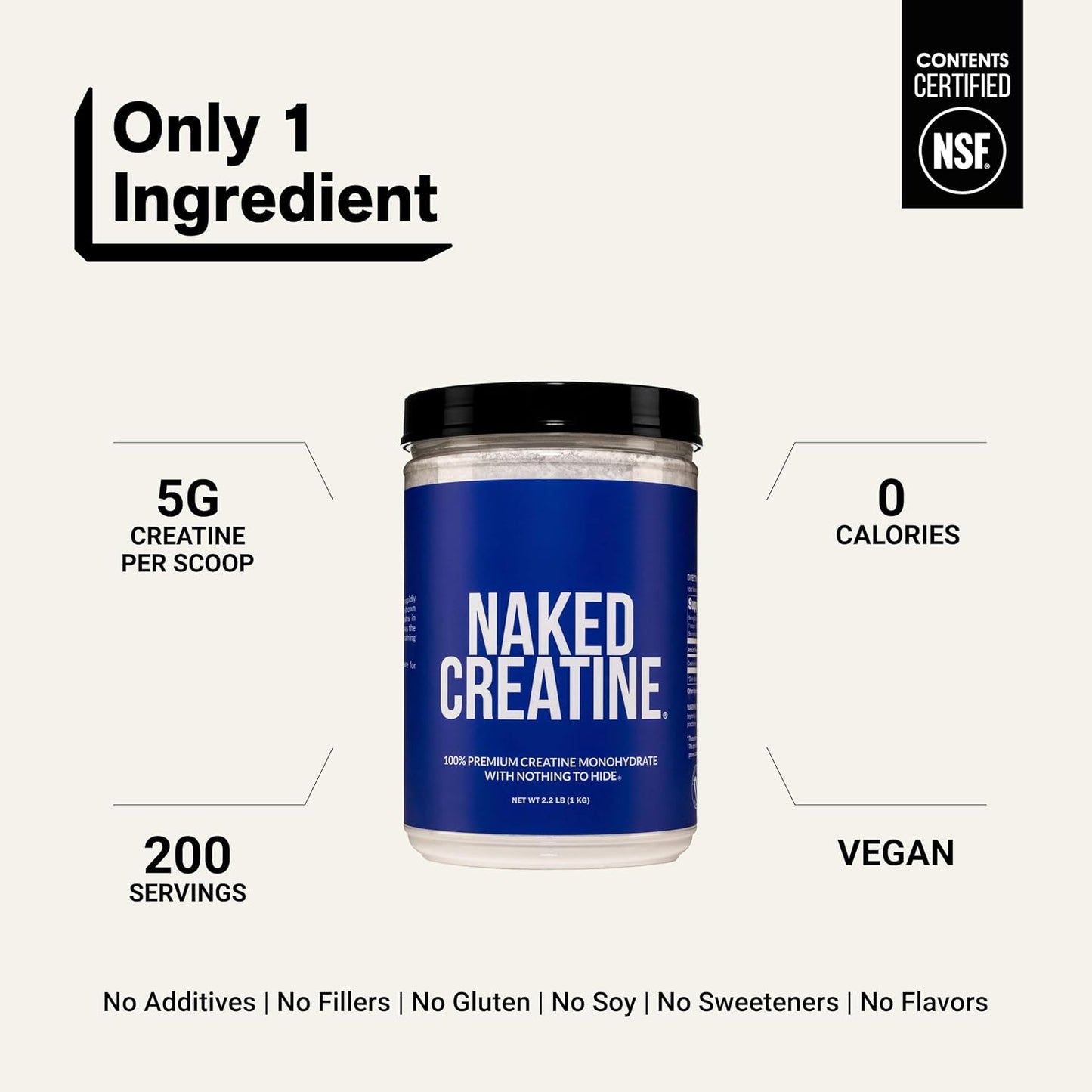 Naked Creatine supplement container with certification label on a white background