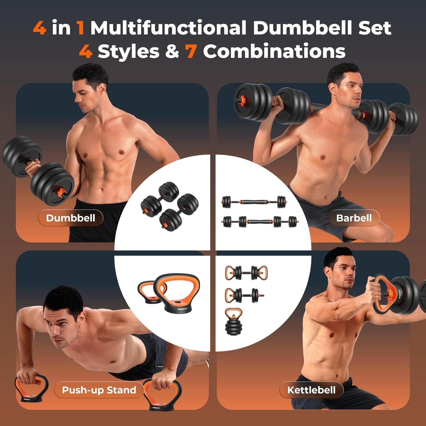 Multifunctional dumbbell set with a man demonstrating various exercises on a gradient background.